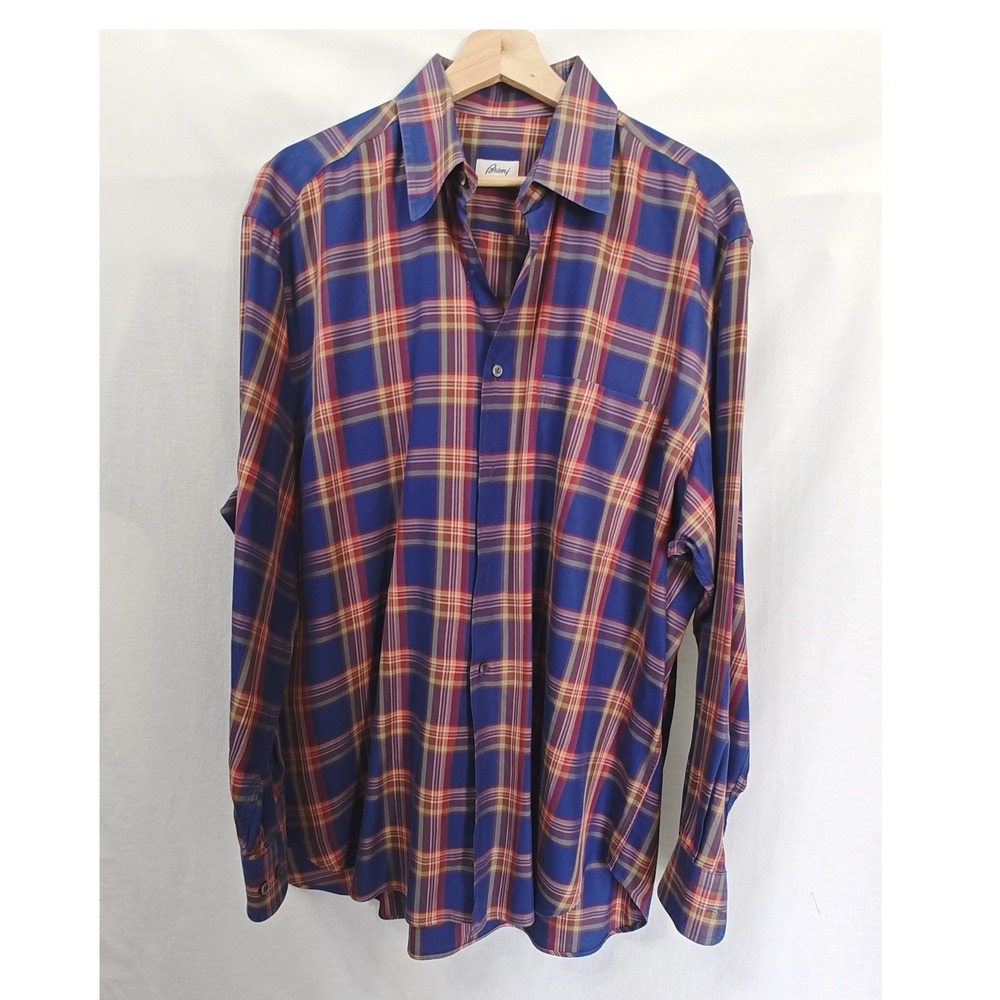 Brioni Button Front Shirt Plaid Long Sleeve Button Down Cotton L XL‎ Blue Red